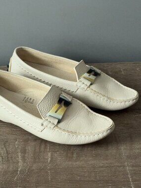 Tods Womens Loafers Driving Shoes Ivory Leather Gommino Size 8